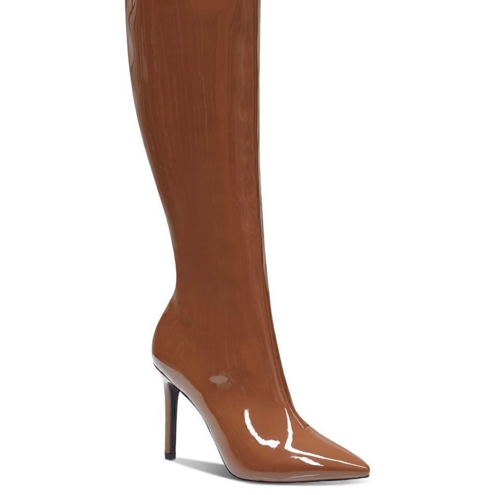 Cognac patent knee boots